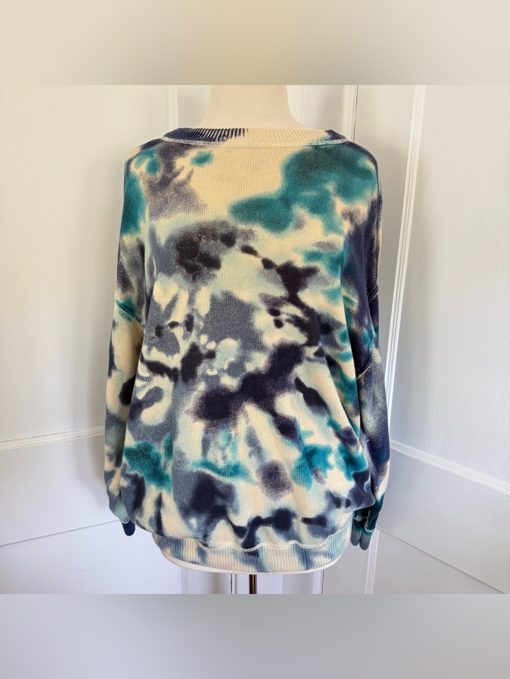 NATURAL LIFE Teal, Navy & Cream Tie-Dye Crewneck Sweater 100% Cotton Size XL